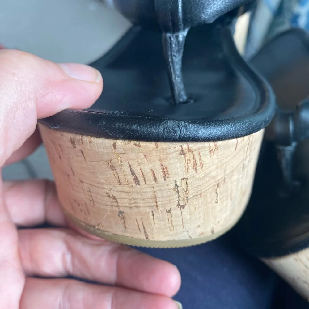 Veronica Beard Black Geno Cork Wedge Platform Thong Sandals Leather size 9 - Picture 12 of 13